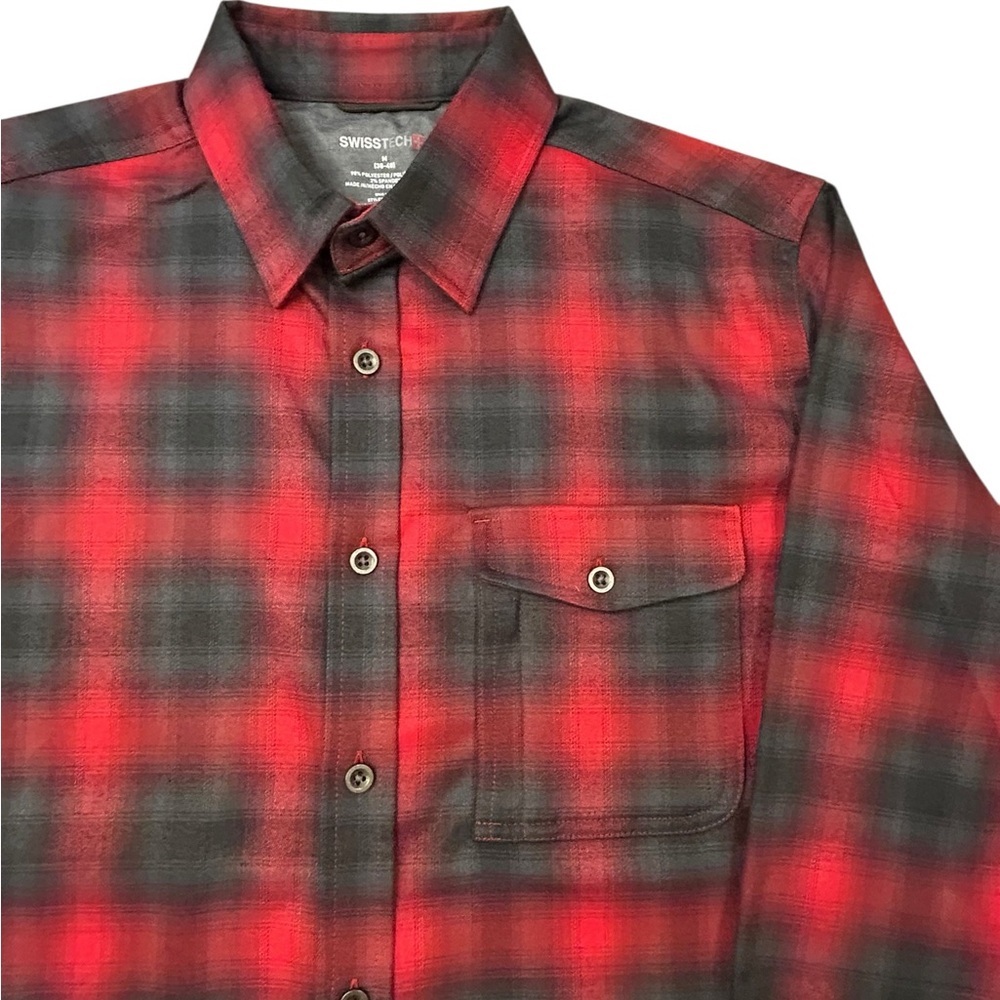 Swiss‎ Tech Men's Red and Black Buffalo Plaid Shirt Medium Poly Spandex